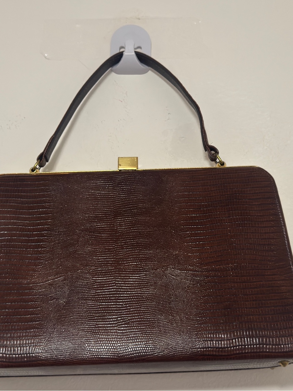 Vintage Brown Lizard Embossed Structured Top Handle Frame Handbag Gold Tone - Picture 14 of 16